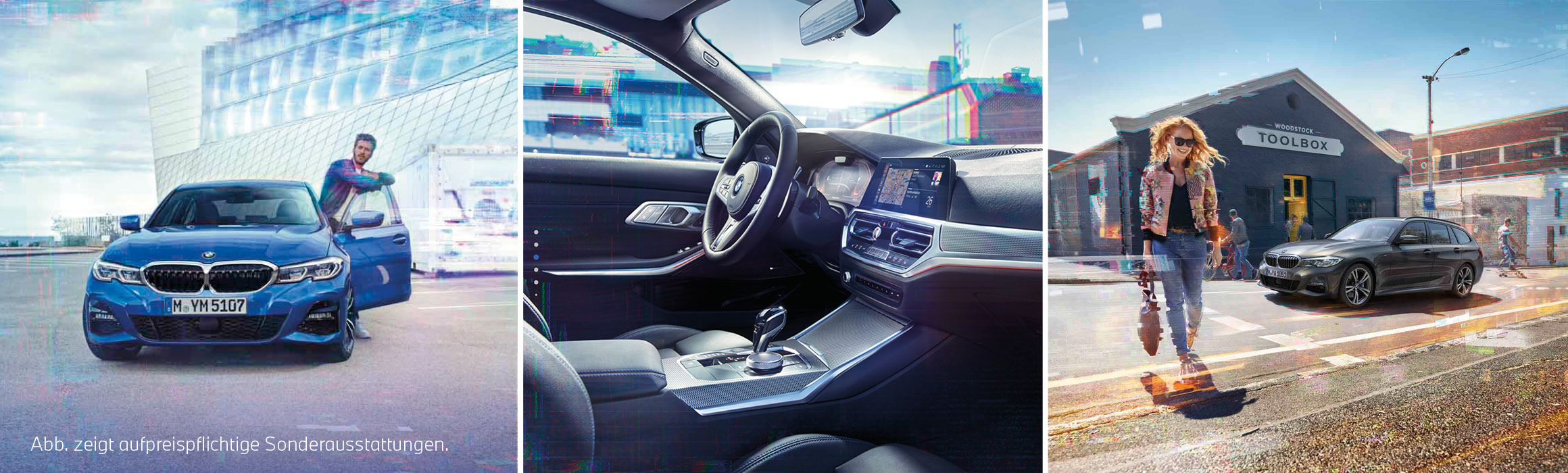 dreispaltiges Bild: blaue 3er BMW Limousine frontal | BMW 3er Cockpit | grauer BMW 3er Touring