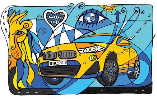 Zeichnung eines gelben BMW X2 auf blauem Untergrund