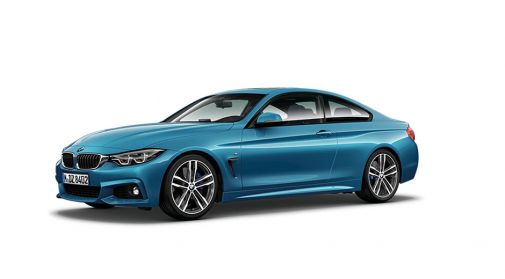 Blauer BMW 4er vor weißem Hintergrund mit Rate