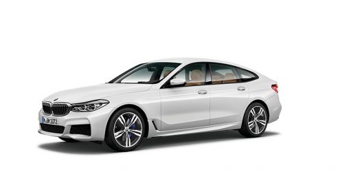 Weißer BMW 6er GT vor weißem Hintergrund mit Rate