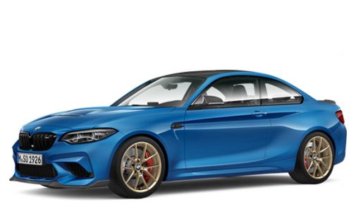 blauer BMW M2 vor weißem Hintergrund - Seitenansicht