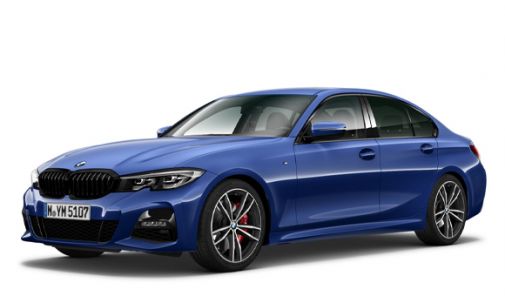 blauer 3er BMW vor weißem Hintergrund - Seitenansicht